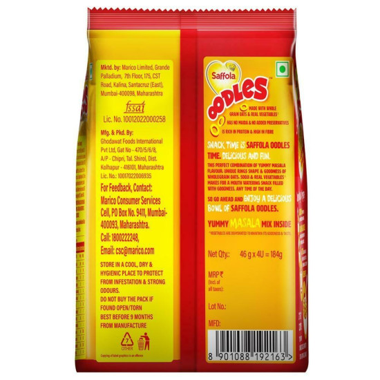 Saffola Oodles Yummy Masala Noodles 184 G (Pack Of 4)