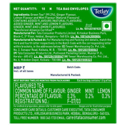 Tetley Ginger Mint And Lemon Green Tea Bags 10 Pcs - Rich Herbal Flavor
