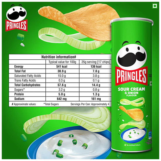 Pringles Potato Chips - Sour Cream & Onion Flavour, Crunchy & Crispy 107 g