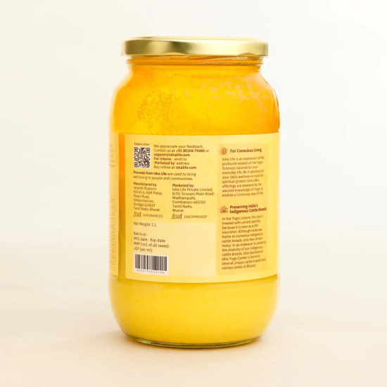 Isha Life Pure A2 Desi Cow Bilona Ghee 1 Litre | Made from Curd of Grass-Fed Desi Cows | Traditional Hand-Churned Ghee