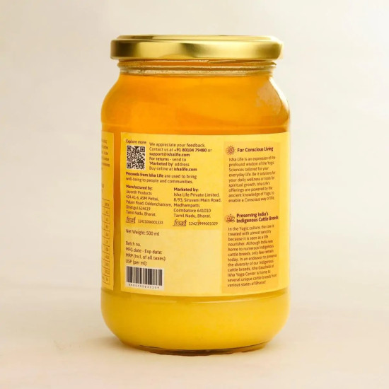 Isha Life Pure A2 Desi Cow Ghee 500ml | Traditional Bilona Ghee Made from Curd of Grass-Fed Desi Cows