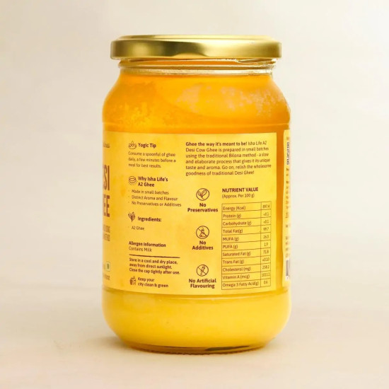 Isha Life Pure A2 Desi Cow Ghee 500ml | Traditional Bilona Ghee Made from Curd of Grass-Fed Desi Cows