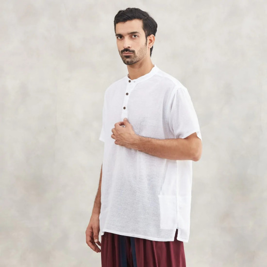 Isha Life Men’s Cotton Linen Kurta – Solid White | Organic & Sustainable Indian Wear