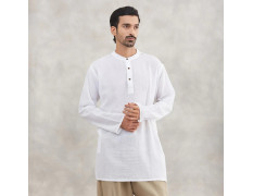 Isha Life Men’s Cotton Linen Kurta – Solid White, Full Sleeves | Organic Indian Wear 