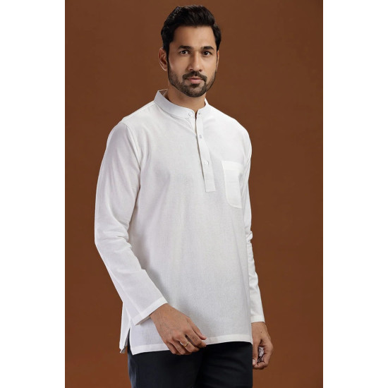 Vidyarthi White Handloom Cotton Full Sleeves Short Kurta for Men - Shop From India Get It Across The World Vidyarthi White Handloom Cotton Full Sleeves Short Kurta for Men - Shop From India Get It Across The World