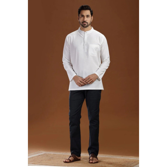 Vidyarthi White Handloom Cotton Full Sleeves Short Kurta for Men - Shop From India Get It Across The World Vidyarthi White Handloom Cotton Full Sleeves Short Kurta for Men - Shop From India Get It Across The World