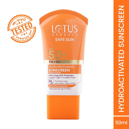 Lotus Herbals Safe Sun HydroActivated Sunscreen SPF 50+ PA+++ 50ml | Indian Sunscreen for Sale in USA – Bazaar5.com