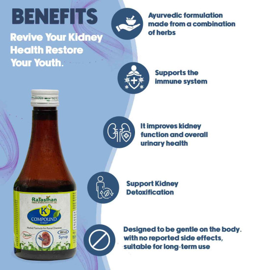 Rajasthan Aushdhalaya K+ Compound Syrup 180ml, Ayurvedic Kidney Stone Relief & Urinary Care , Indische Ayurveda Produkte Deutschland , Bazaar5.com