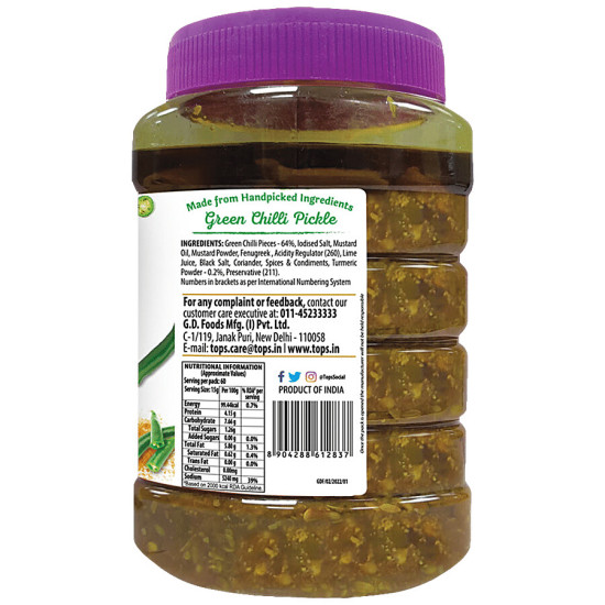 Tops Gold - Green Chilli Pickle, Intense Flavour, Traditional Taste 900 g