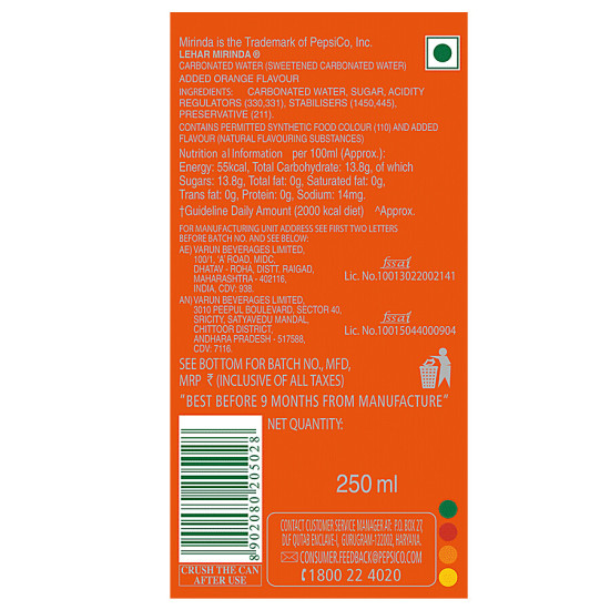 Mirinda Soft Drink - Orange 250 ml