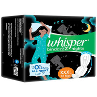 Whisper Bindazzz Nights Sanitary Pads - Wider Back, Up To 0% Leak, Provides All Night Protection, XXXL 20 pcs Whisper Bindazzz Nights Sanitary Pads - Wider Back, Up To 0% Leak, Provides All Night Protection, XXXL 20 pcs