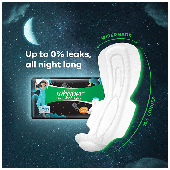 Whisper  Bindazzz Nights Sanitary Pads - Wider Back, Up To 0% Leak, Provides All Night Protection, XXXL 20 pcs