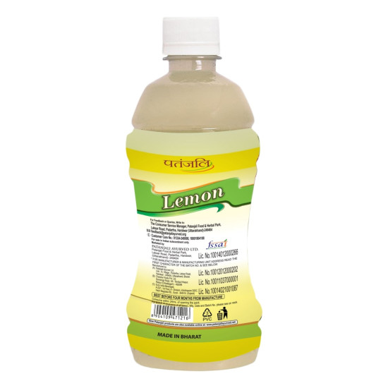 Patanjali Lemon Drink – Refreshing Fruit Beverage with Lemon Juice Concentrate | 500 ml