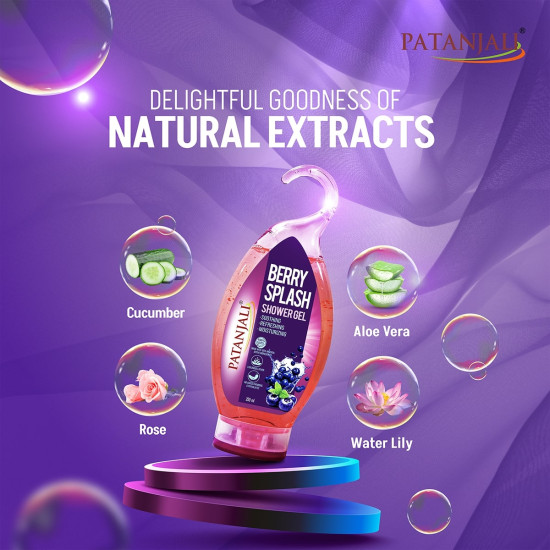Patanjali Saundarya Shower Gel – Berry Splash (250ml) | Buy 2 Get 1 Free | Herbal Body Wash for Women with Aloe Vera, Rose & Cucumber