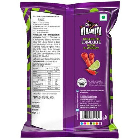 Doritos Dinamita Fiery Lime and Chilli Snack 56g - Rolled Tortilla Chips - Spicy & Tangy Namkeen - Vegetarian Chips Snack