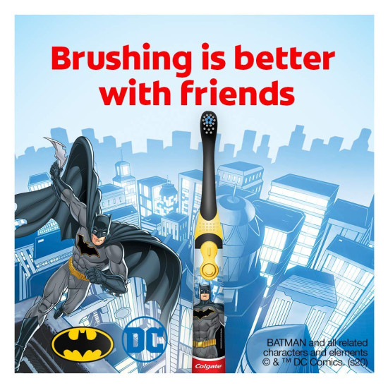 Colgate Batman Toothbrush for kids, Battery Powered Electric Toothbrush, Age 3+, Kids toothbrush with Extra Soft Bristles and Slim Handle, Includes Replaceable Batteries