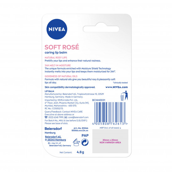 NIVEA Soft Rose Shine 4.8g Lip Balm|24 H Melt in Moisture Formula|Natural Oils|Glossy Finish