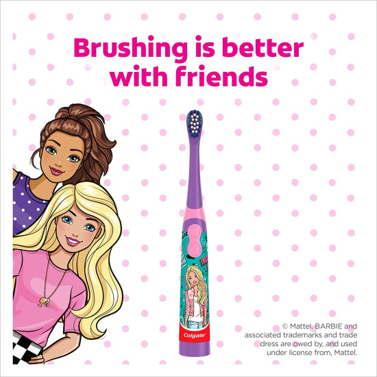 Colgate Barbie Toothbrush for kids, Battery Powered Electric Toothbrush, Age 3+, Kids toothbrush with Extra Soft Bristles and Slim Handle, Includes Replaceable Batteries