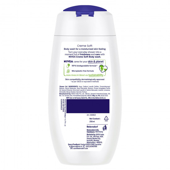 NIVEA Crème Soft 250ml Body Wash| Shower Gel with Natural Almond Oil|Clean, Healthy & Moisturized Skin|Microplastic Free
