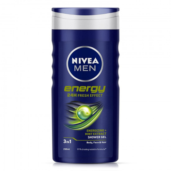 NIVEA MEN Energy 250ml Body Wash| Shower Gel for Face, Body & Hair|Cool Mint Extracts|Long Lasting Summer Freshness |Clean, Healthy & Moisturized Skin