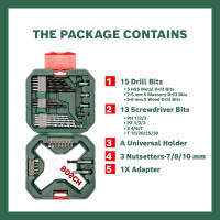 Bosch Drill Bit And Screwdriving Bits Set, 34 Pieces, X-Line Green, Containing Wood Bits, Masonry Bits, Metal Drill Bits And Screwdriver Bits