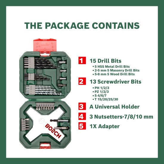 Bosch Drill Bit And Screwdriving Bits Set, 34 Pieces, X-Line Green, Containing Wood Bits, Masonry Bits, Metal Drill Bits And Screwdriver Bits