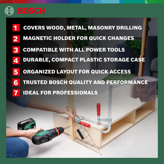 Bosch Drill Bit And Screwdriving Bits Set, 34 Pieces, X-Line Green, Containing Wood Bits, Masonry Bits, Metal Drill Bits And Screwdriver Bits