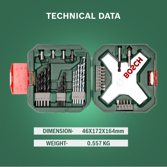 Bosch Drill Bit And Screwdriving Bits Set, 34 Pieces, X-Line Green, Containing Wood Bits, Masonry Bits, Metal Drill Bits And Screwdriver Bits