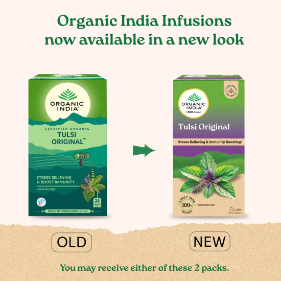 A TATA Product - Organic India Tulsi Original - 25 Tea Bags, Caffeine-Free Herbal Tea with Tulsi, Natural Detoxifier, Rich in Antioxidants, Convenient Staple-Free Bag