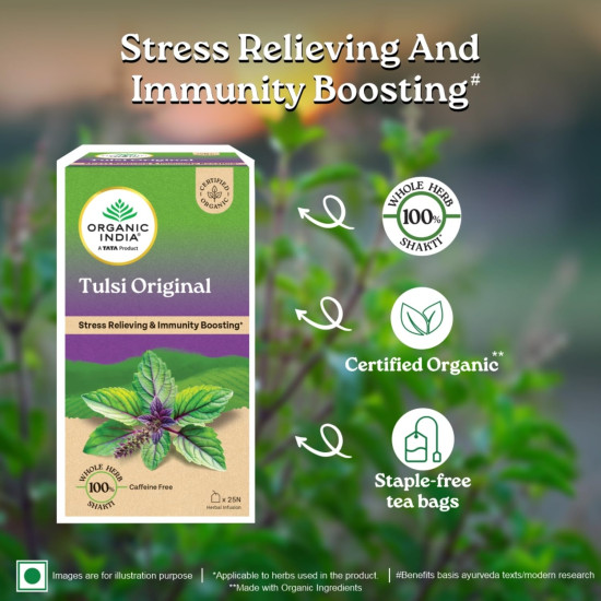 A TATA Product - Organic India Tulsi Original - 25 Tea Bags, Caffeine-Free Herbal Tea with Tulsi, Natural Detoxifier, Rich in Antioxidants, Convenient Staple-Free Bag