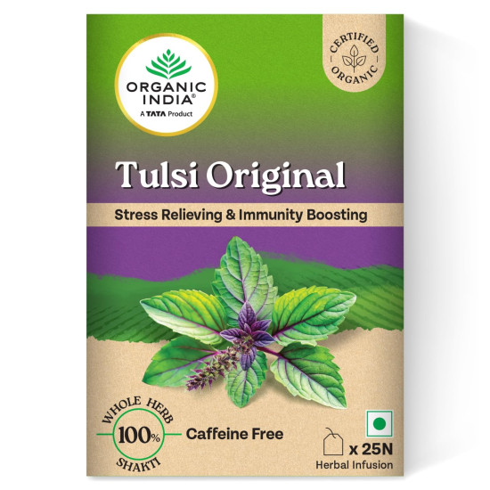 A TATA Product - Organic India Tulsi Original - 25 Tea Bags, Caffeine-Free Herbal Tea with Tulsi, Natural Detoxifier, Rich in Antioxidants, Convenient Staple-Free Bag
