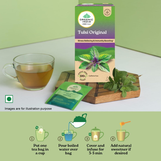 A TATA Product - Organic India Tulsi Original - 25 Tea Bags, Caffeine-Free Herbal Tea with Tulsi, Natural Detoxifier, Rich in Antioxidants, Convenient Staple-Free Bag