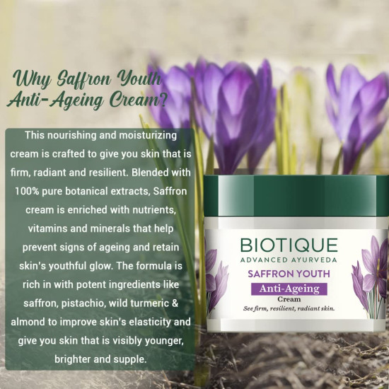 Biotique Bio Saffron Dew Youthful Moisturizer Cream | Protects Skin Cells | Prevents Ageing And Retains Youthful Glow | 100% Botanical Extracts | Suitable For All Skin Types | 50G