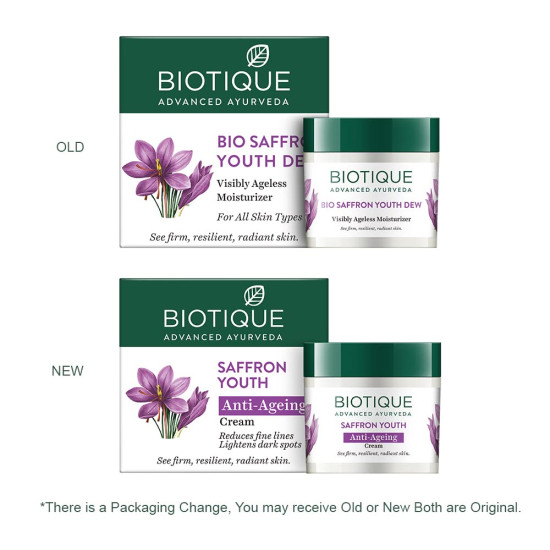 Biotique Bio Saffron Dew Youthful Moisturizer Cream | Protects Skin Cells | Prevents Ageing And Retains Youthful Glow | 100% Botanical Extracts | Suitable For All Skin Types | 50G