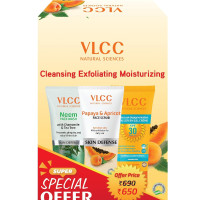 VLCC Neem Face Wash (150ml) & Papaya & Apricot Face Scrub (80gm) & Matte Look SPF 30 Sunscreen (100gm), White