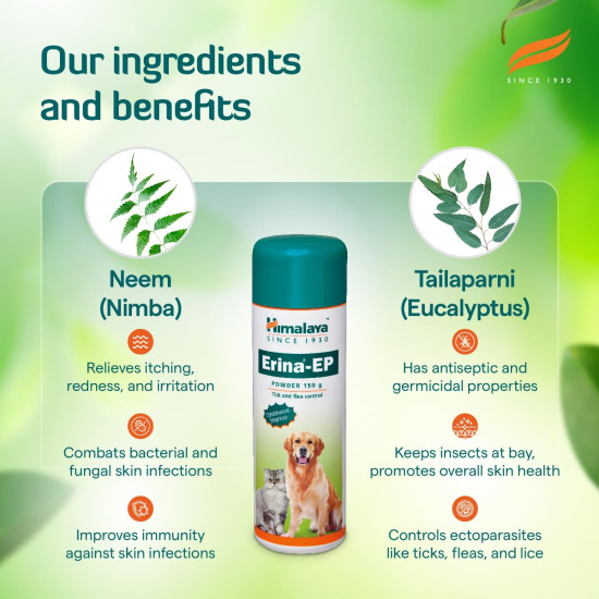 Himalaya Erina-EP Powder | 150 g | Tick & Flea Control for Dogs & Cats | With Neem & Eucalyptus for Skin Health & Hygiene