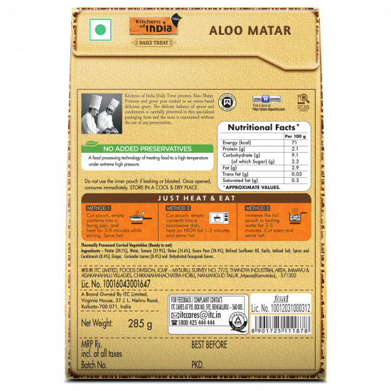 Kitchens of India Aloo Matar, ITC Ready to Eat Indian Dish, Just Heat and Eat, 285g