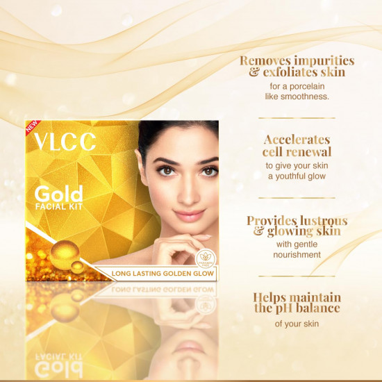 VLCC Gold Facial Kit, Bright & Glowing Skin - 60g | Pamper your Skin for a Luminous Glow | Parlour Glow with 24K Gold Bhasma, Rose Extracts, Turmeric & Aloe Vera.
