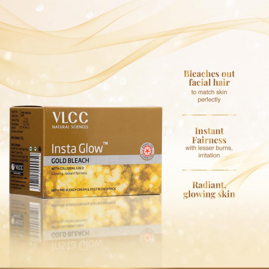 VLCC Insta Glow Gold Bleach - 402g | With Colloidal Glow For Glowing Fairness | Skin Brightening Bleach | Perfect Skin Match, Reduces Facial Hair Visibility, Brightens Complexion.