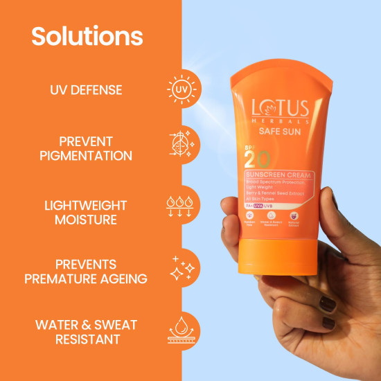 Lotus Herbals Safe Sun Daily Sunscreen SPF 20 UVB and PA+ UVA |Breezy Berry | Sweat & Waterproof | Non-Greasy | For Women & Men| No White Cast |Suitable For Oily, Dry & Combination Skin| 50g