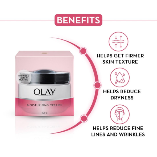 Olay Moisturizing Cream |Nourishing and moisturizing ingredients |All day moisture, Improves skin softness and smoothness |Suitable for Normal, Dry, Oily & Combination skin |100 gm