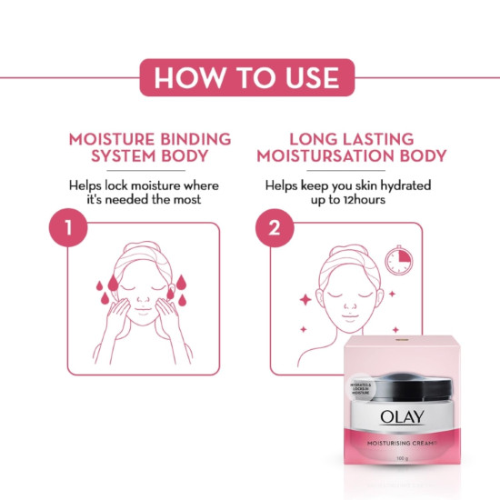 Olay Moisturizing Cream |Nourishing and moisturizing ingredients |All day moisture, Improves skin softness and smoothness |Suitable for Normal, Dry, Oily & Combination skin |100 gm