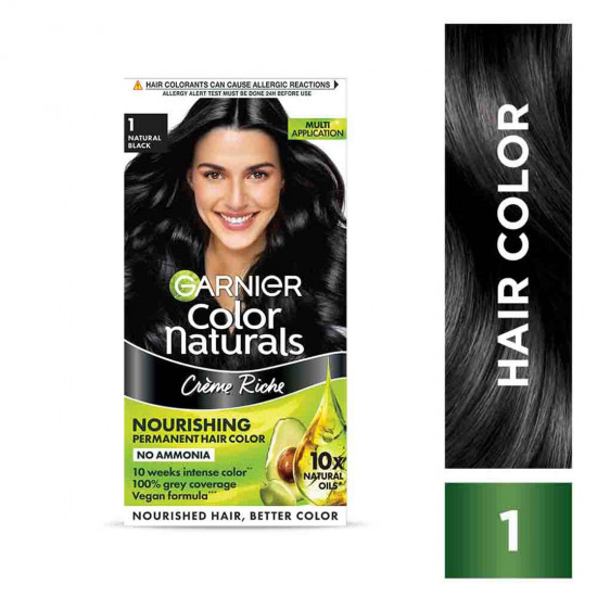 Garnier, Hair Colouring Creme, Long-lasting Colour, Smoothness & Shine, Color Naturals, Shade: 1 Natural Black, 70ml + 60g