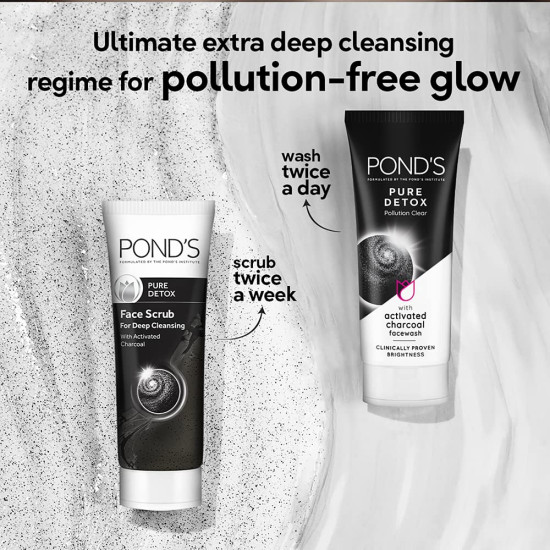 POND'S Pure Detox Face Wash 100 g, Daily Exfoliating & Brightening Cleanser, Deep Cleans Oily Skin - With Activated Charcoal for Fresh, Glowing Skin