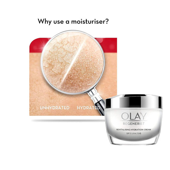 Olay Regenerist Revilatising Hydration Cream with SPF 15 | Hydrated, Plump, Bouncy Skin | With Hyaluronic Acid, Niacinamide and Peptides | Normal, Oily, Dry, Combination Skin | 50g