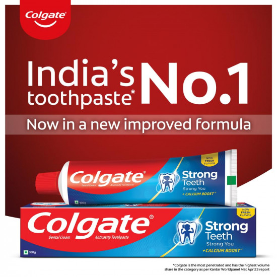 Colgate Strong Teeth, 300g with Free Toothbrush, India’s No: 1 Toothpaste Brand, Calcium-boost for 2X Stronger Teeth, Prevents cavities, Whitens Teeth, Freshens Breath