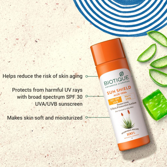 Biotique Sun Shield Aloe vera 30+ SPF UVB Sunscreen Ultra Protectective Lotion For Normal to Oily Sk