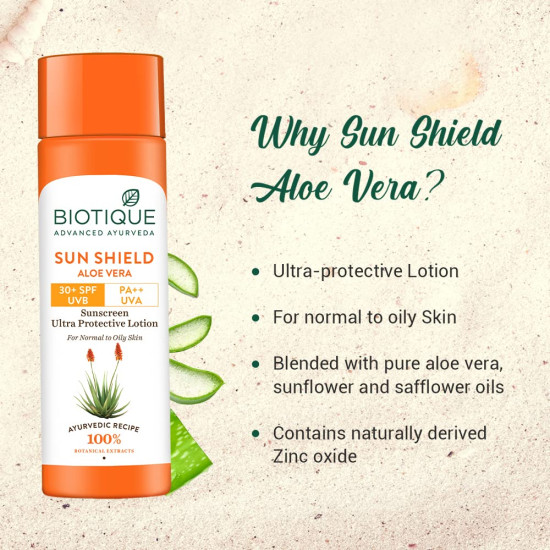 Biotique Sun Shield Aloe vera 30+ SPF UVB Sunscreen Ultra Protectective Lotion For Normal to Oily Sk