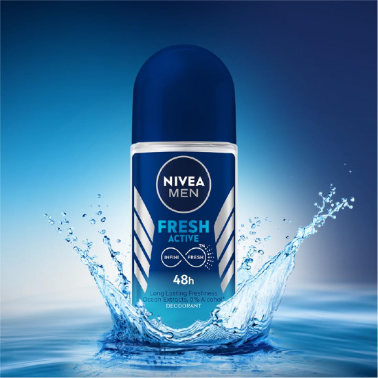 NIVEA MEN Fresh Active 50ml Deo Roll On | With Fresh Ocean Extracts| 48 H Freshness| 0% Alcohol | Dermatalogically Approved & Paraben Free Formula