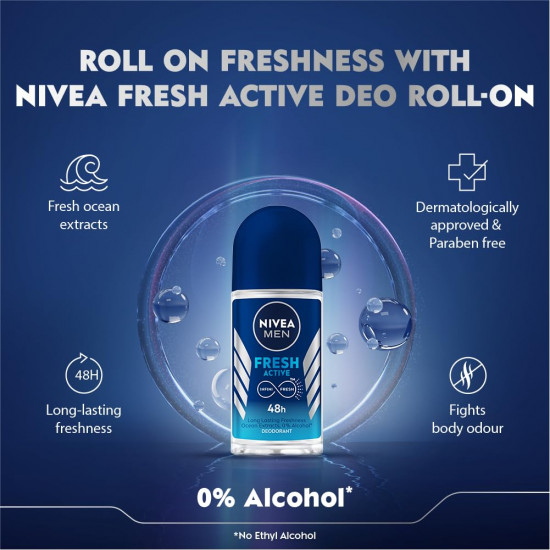 NIVEA MEN Fresh Active 50ml Deo Roll On | With Fresh Ocean Extracts| 48 H Freshness| 0% Alcohol | Dermatalogically Approved & Paraben Free Formula